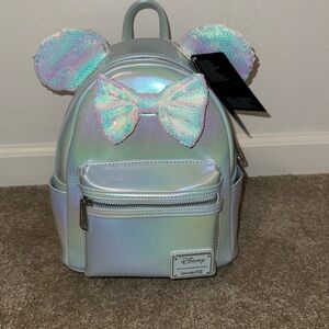 Loungefly Disney Minnie Mouse LightBlue Iridescent Sequin Ears Mini Backpack NWT
